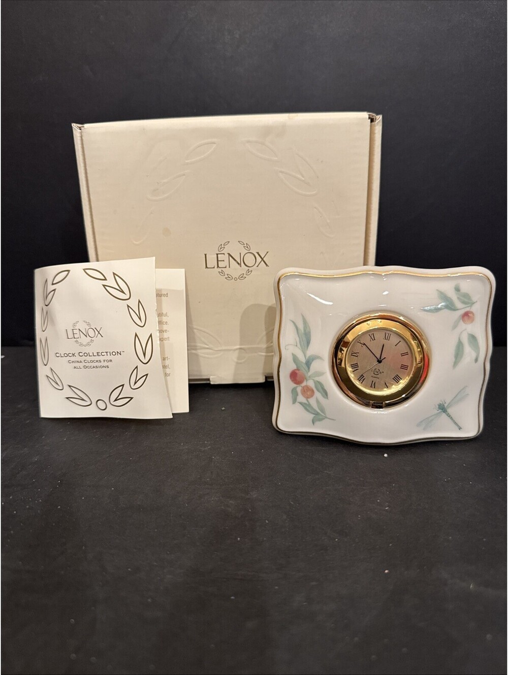 Vintage Lenox Porcelain Floral Desk Mantle Clock Gold Trim Quartz Collectible